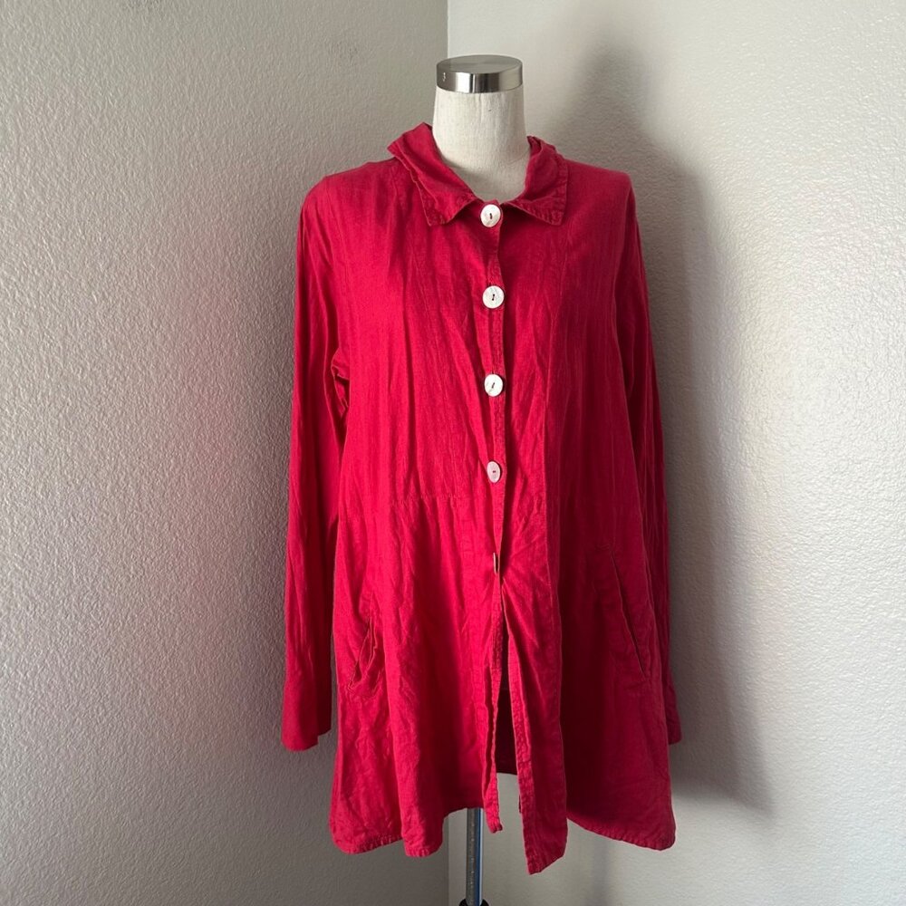 Flax Linen Tunic Top Long Sleeves Pockets Lightweight Breathable Red Sma